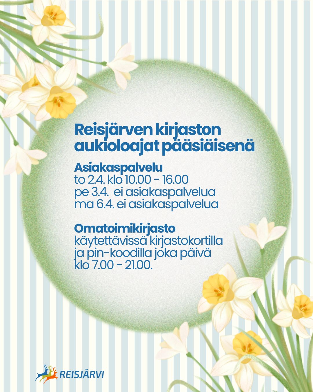 Reisjärven kirjaston asiakaspalvelu avoinna to 2.4.2026 klo 10-16, suljettu pe 3.4. - 6.4.2026.