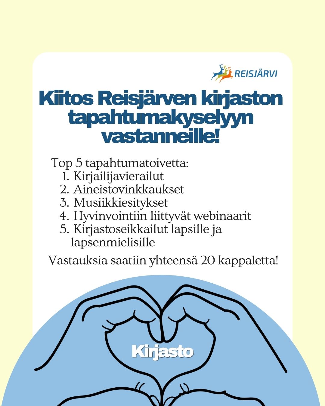 Reisjärven kirjaston asiakaskyselyn kiitokset. Taphtumista eniten toivottiin kirjailijavierailuita. 