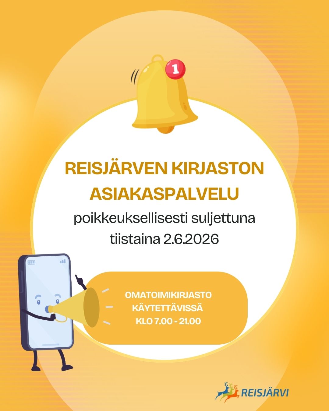Reisjärven kirjaston asiakaspalvelu suljettuna ti 2.6.2026.