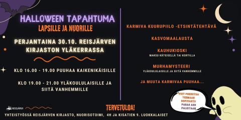Halloween tapahtuma lapsille ja nuorille pe 30.10.2026 klo 16-21.