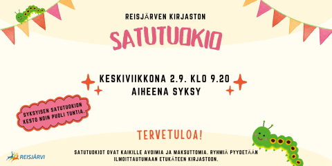 Koristeellinen mainos satutuokiosta. Sama teksti kuvatekstissä.