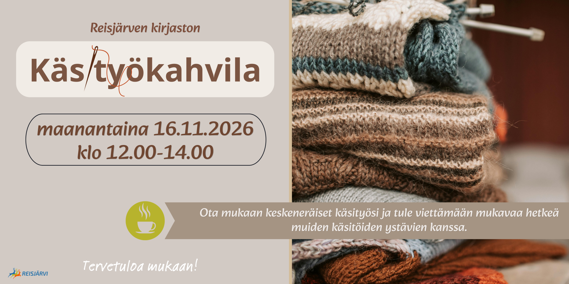 Kirjaston käsityökahvilan mainos 16.11. klo 12-14