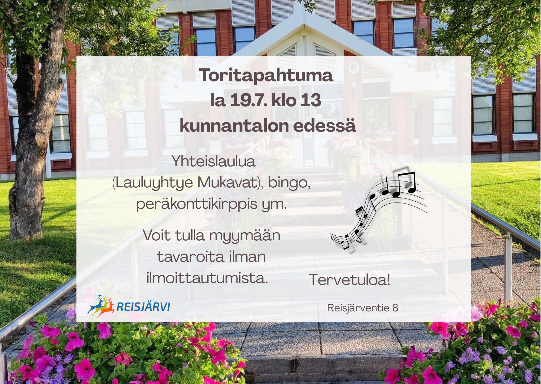 Toritapahtuma kunnantalon edessä (Reisjärven tie 8) Yhteislaulua (Lauluyhtye Mukavat), bingo, peräkonttikirppis ym. Voit tulla myymään tavaroita ilman ilmoittautumista.
