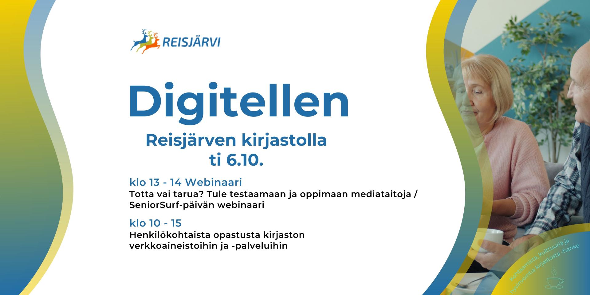 Reisjärven kirjastolla ti 6.10.2026 klo 13 – 14 SeniorSurf-päivän webinaari Totta vai tarua? Tule testaamaan ja oppimaan mediataitoja ja klo 10 – 15 opastusta kirjaston verkkoaineistojen ja -palvelujen käyttöön.